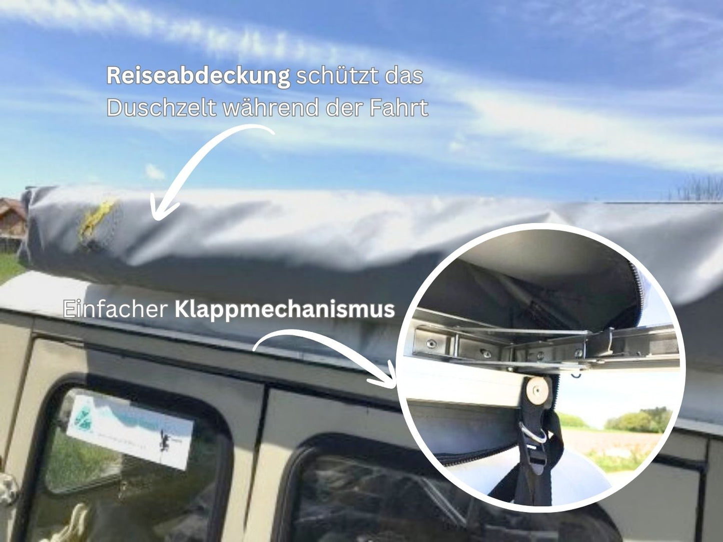 Duschzelt Detailansicht Aufklappmechanismus