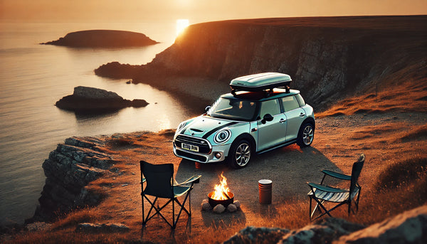 Mini Cooper mit Dachbox auf einer Klippe am Meer bei Sonnenuntergang (KI-erstellt)