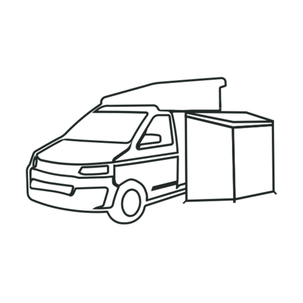 Strichzeichnung eines Vans mit einem Vorzelt