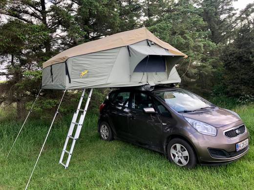 Kleinwagen Kia mit Dachzelt Tanami Plus von Gordigear auf Wiese