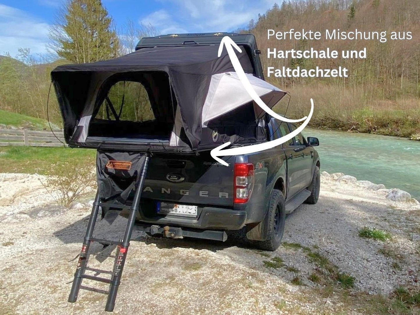 Bonito Dachzelt auf Pickup am Fluss - Perfekte Mischung aus Hartschale und Faltdachzelt