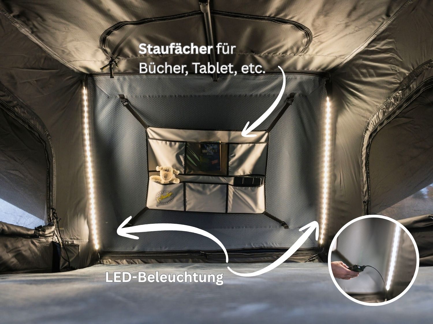 Dachzelt Bonito Innenansicht mit Staufächern und LED Beleuchtung