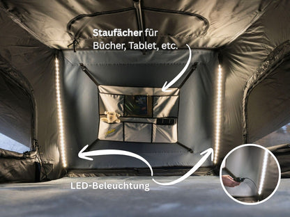 Dachzelt Bonito Innenansicht mit Staufächern und LED Beleuchtung