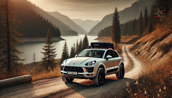 Porsche Macan mit Dachzelt fährt auf einem Forstweg am Fluss (KI)