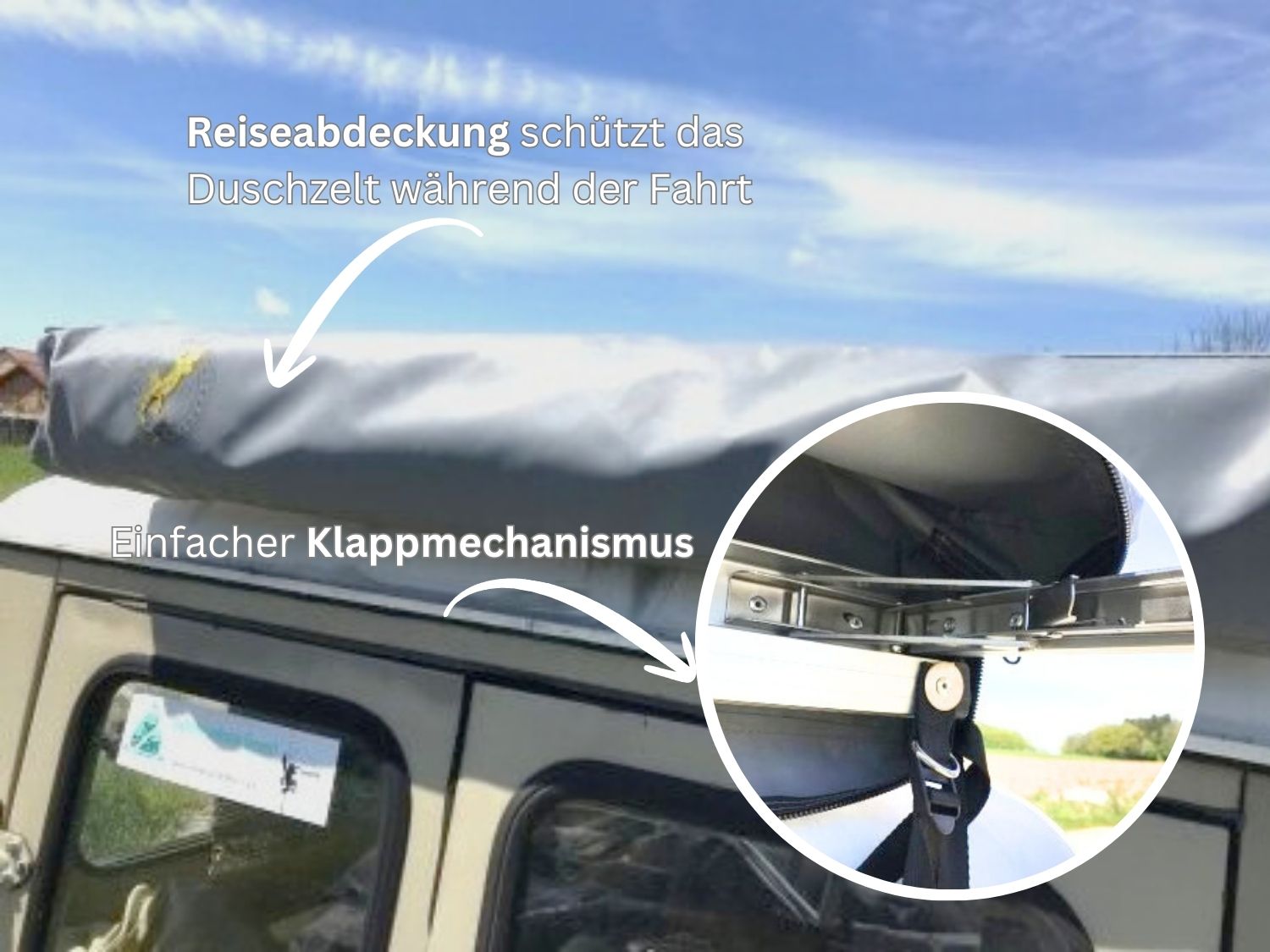 Duschzelt Detailansicht Aufklappmechanismus
