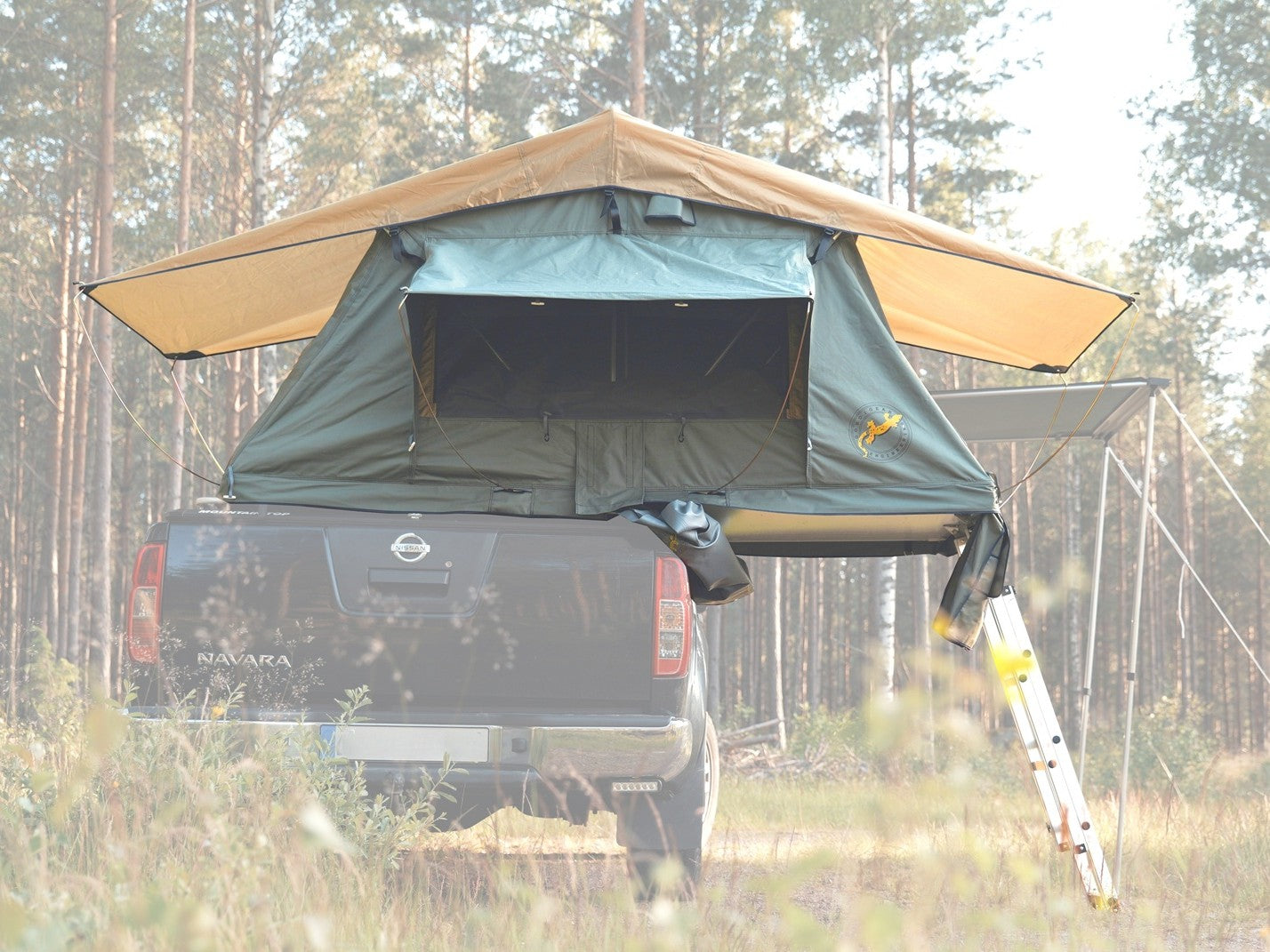 Rückansicht von Pickup mit aufgeklappten Dachzelt im Wald