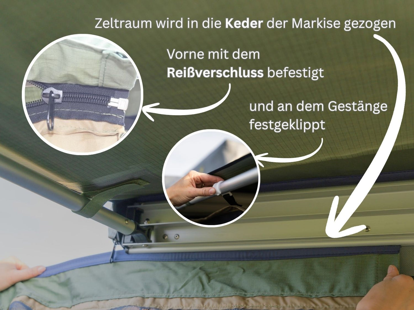 Montage des Markisenzeltraums an Markise mit Keder und Reißverschluss
