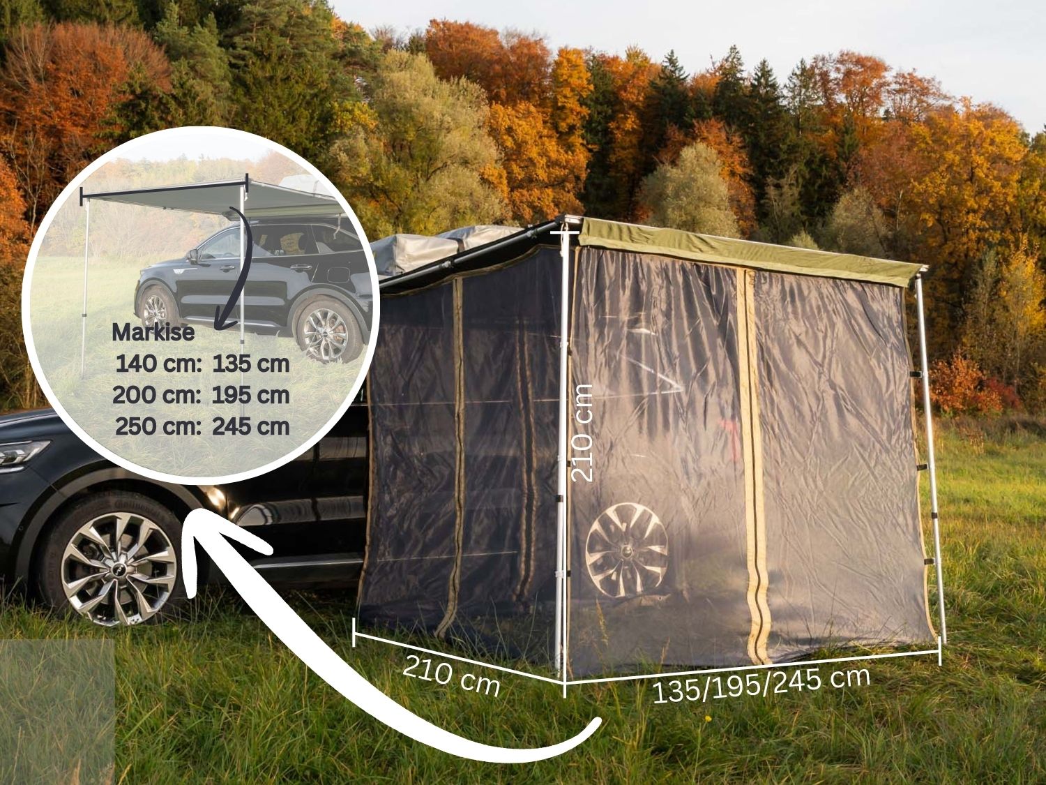 Moskitonetzraum aufgebaut mit Maßangaben