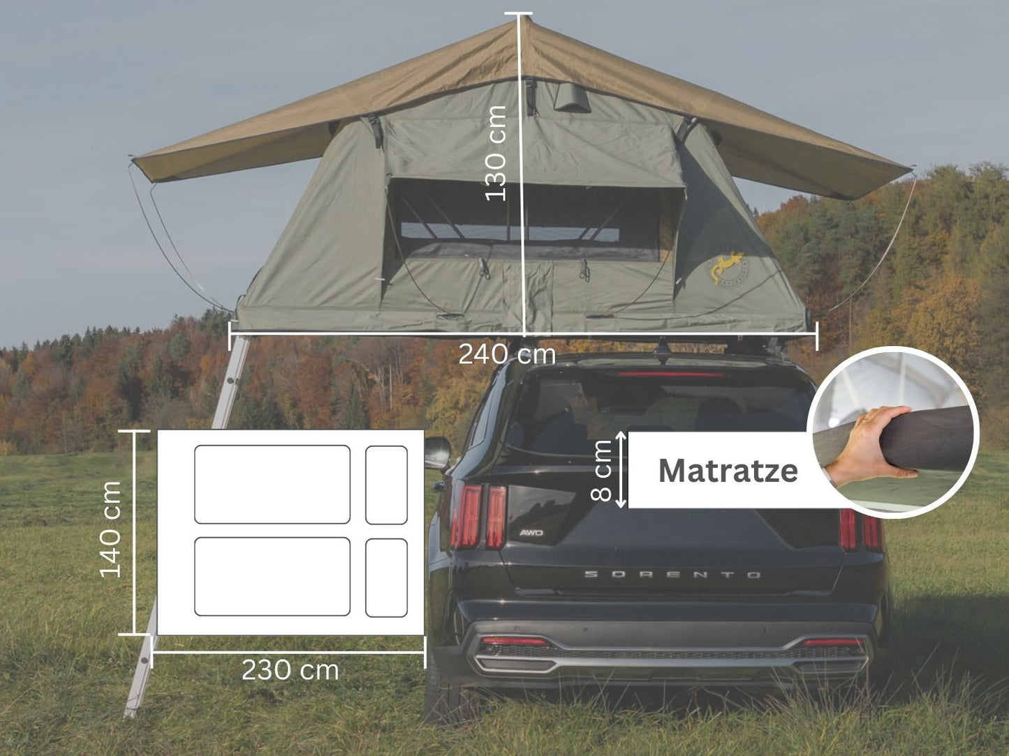 Tanami Light Überblick über die Maße (Außenmaße und Liegefläche)