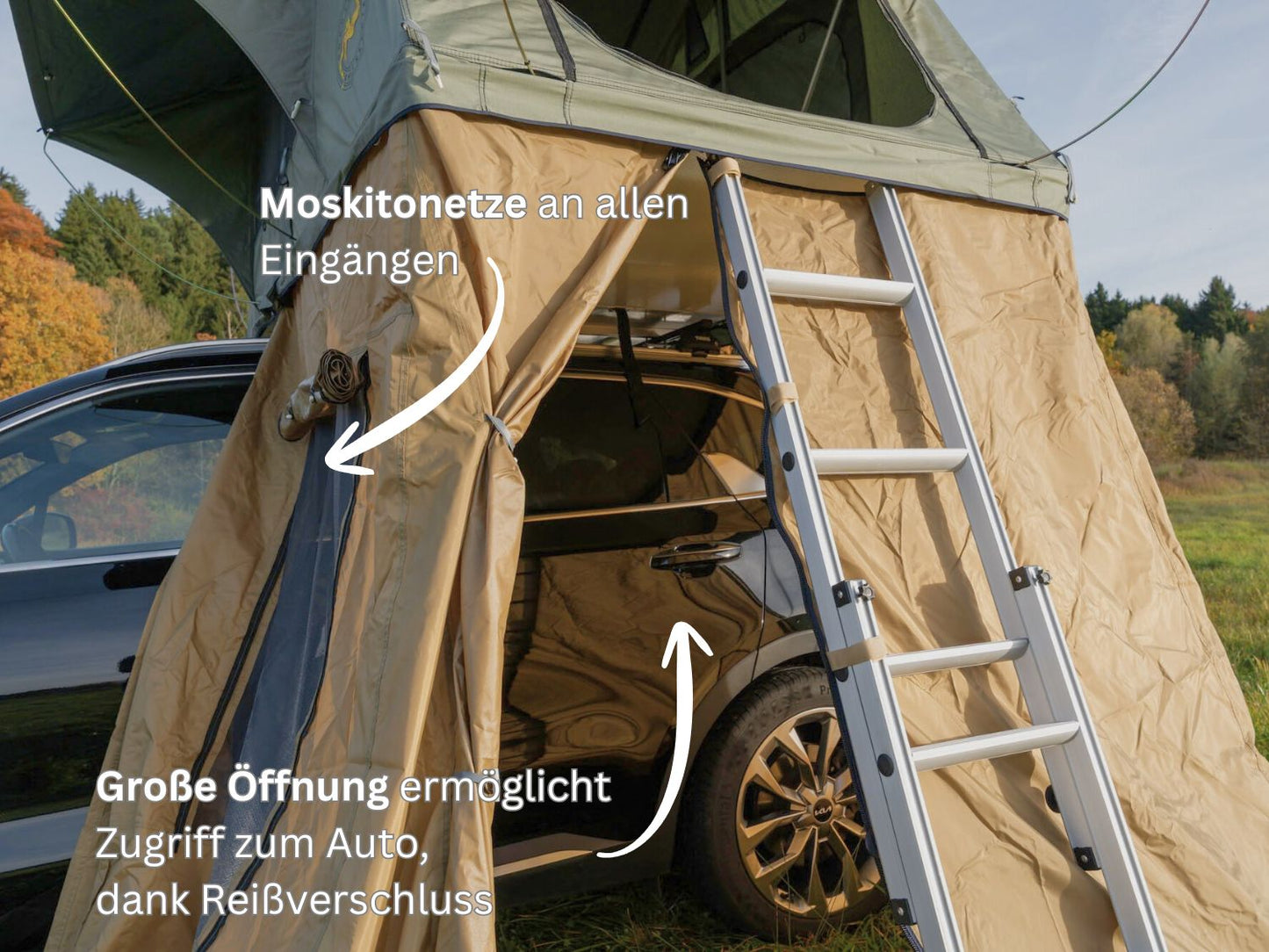 Vorzelt Tanami Light hat keine Rückwand und daher freien Zugang zum Fahrzeug