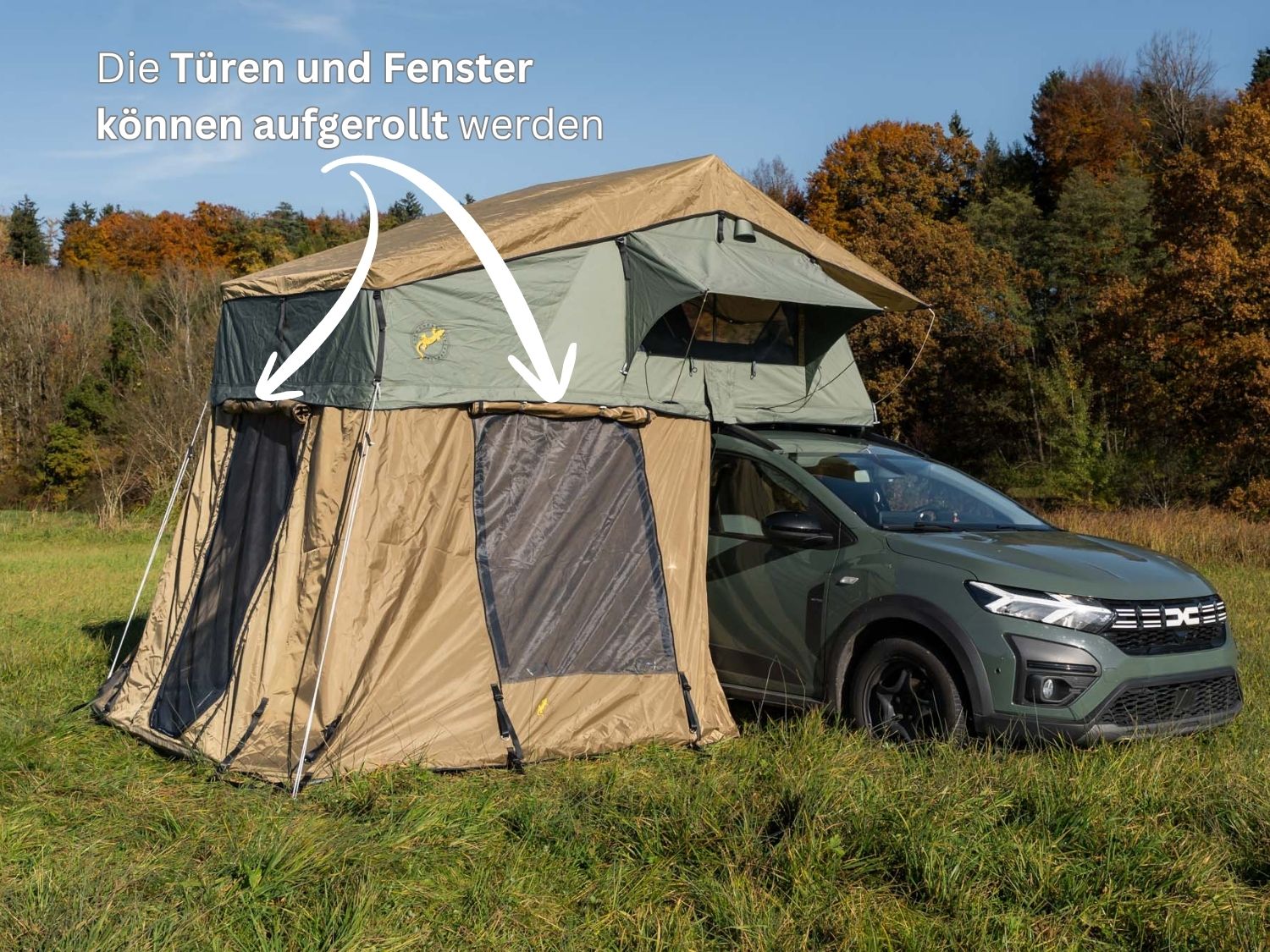 Türen und Fenster des Tanami Plus Vorzelts können aufgerollt werden