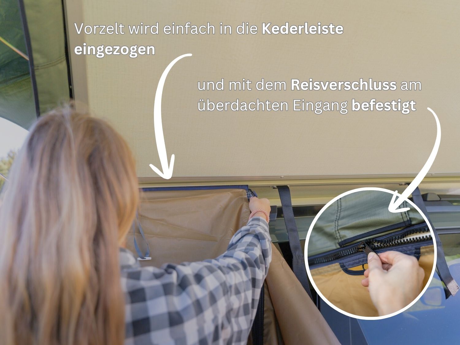 Vorzelt wird in Kederleiste des Dachzeltbodens eingezogen