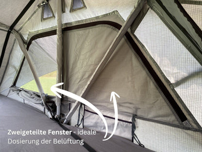 Große, zweigeteilte Dachzeltfenster des Tanami Pro