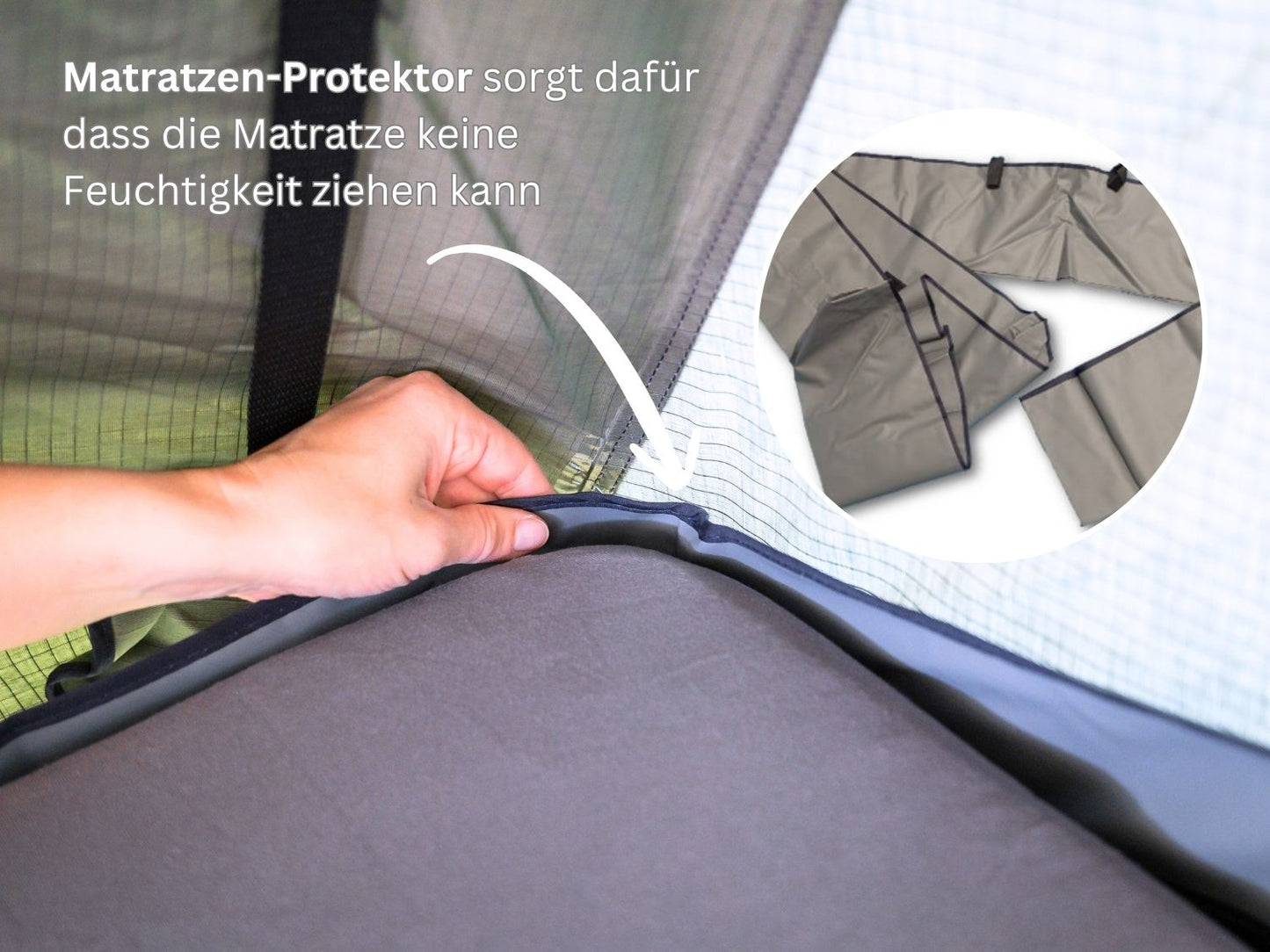 Dachzelt-Matratze mit Einrandung durch den Matratzen-Protektor, dieser sorgt dafür dass die Matratze keine Feuchtigkeit ziehen kann